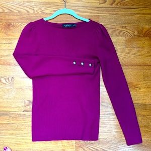 Lauren brand purple sweater - cute details on sleeves and buttons on wrists-